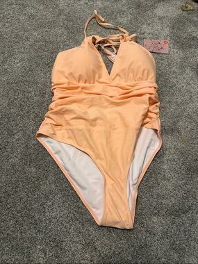 Girls Peach Halter Ruched One-Piece Swimsuit